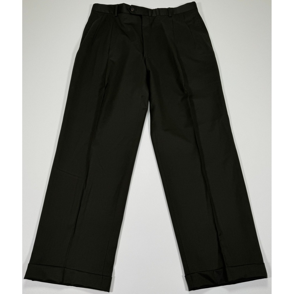 Austin Reed Mens Super 100s Wool Dress Pants 33x29 Dark Green Pleated Cuffed